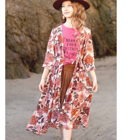Joyfolie Other - Joyfolie Floral Kimono Duster NEW Girls‎ 12 Pink Katherine Sheer Boho Cottage